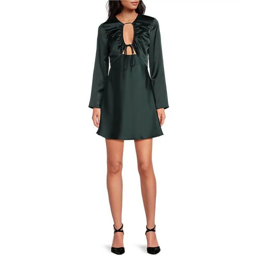 NWT Gianni Bini Raini Satin Tie Front Long Sleeve A-Line Mini Dress in Hunter